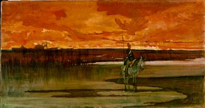 Lanciere di vedetta presso un fiume 川の上の見張り番。ジョバンニ・ファットリ（1825-1908）の絵画 1885-1890年 日27x57 cm フィレンツェ近代美術館（Galleria d