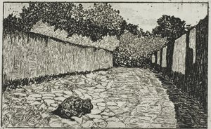 子犬とフィレンツェ郊外の小さな通り 作： Giovanni Fattori