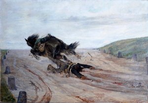 The foot in the horse (Lo staffato) The horse fall.ジョヴァンニ・ファットーリ（1825-1908）による絵画 1878-1879年 薄さ90x130cm フィレンツェ、ガレリア・ダルテ・モデルナ 作： Giovanni Fattori