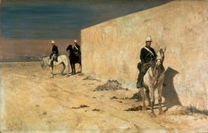 The lookout (The white wall) 砂漠の中の白い壁の前で見張りをする騎手たち。ジョバンニ・ファットーリ（1825-1908）の作品 作： Giovanni Fattori