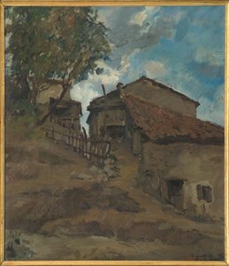 Mountain Traditional Housefarm (合板に油彩) 作： Giovanni Forghieri
