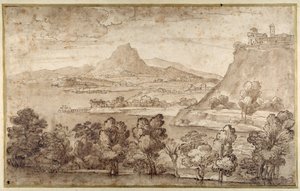 丘の町と遠くの山のある風景（白い紙にペンと茶色のインク、茶色のウォッシュ