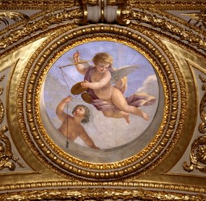 正義の愛。ジョヴァンニ・ロマネリ（1601-1662）が描いた絵画で、オーストリア王妃アンネ（1601-1666）の夏の居室の寝室であるアントナイン・ホールの天井を飾っています。1655-1658年頃。パリ、ルーヴル美術館 作： Giovanni Francesco Romanelli