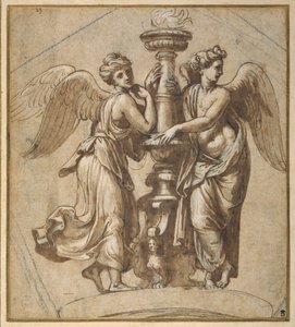 キャンデラブラムを抱く勝利者たち（紙にペン、茶インク、黒チョーク 作： Giovanni Francesco (c.1488 1528) Penni