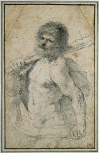 ヘラクレス、1555年-1666年（オフホワイトの紙に黒いチョーク） 作： Giovanni Francesco Barbieri
