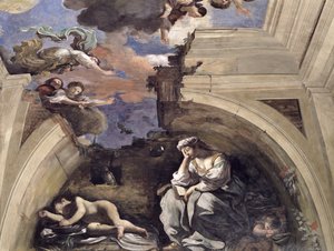 夜のアレゴリーの夜明けの詳細のサラディオーロラホール、パネルに1621テンペラ 作： Giovanni Francesco Barbieri