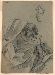 女性の顔と男性がリクライニングし、右手で前腕を使って習作を描く 作： Giovanni Francesco Barbieri