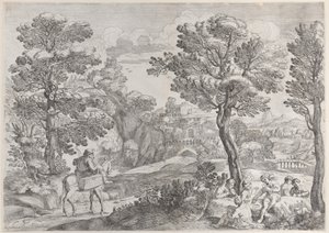 右はトランプをしているグループ、左は馬に乗った男性、1626-80年。 作： Giovanni Francesco Grimaldi