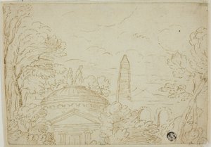 神殿、オベリスク、水道橋のある風景 作： Giovanni Francesco Grimaldi