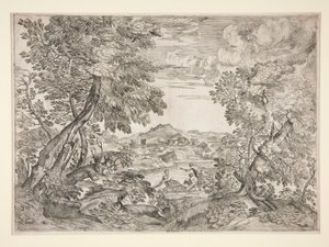 川辺に三人の男がいる風景 作： Giovanni Francesco Grimaldi