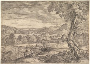 中景に煉瓦工場、前景に立っている男性のいる風景 p..., 1626-80. 作： Giovanni Francesco Grimaldi