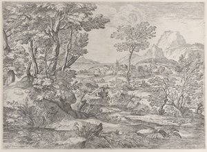 町を背景にした風景の中の 3 人の少年、1626 ～ 80 年。 作： Giovanni Francesco Grimaldi