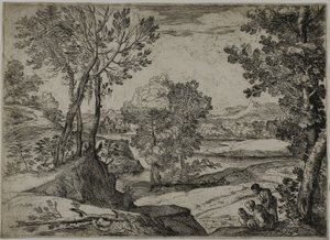 風景の中の女性、彼女の子供、そして立っている男性 作： Giovanni Francesco Grimaldi