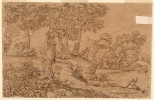 池のある樹木が茂った風景 作： Giovanni Francesco Grimaldi