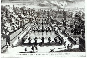 1689年に出版されたジョヴァンニバティスタファルダ（c.1648-1787）によるルフォンターネのチボリのヴィラデエステにある養魚池