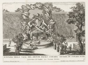 教皇の紋章、2 頭のトリトン、イルカのある噴水 Fontana nella casa del signor Paolo strada situata in strada nova (オブジェクトのタイトル) Le fontane ne palazzi e ne giardini di Roma (シリーズタイトル) ローマの宮殿と庭園の噴水 ( 作： Giovanni Francesco Venturini