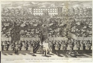 パブのラフォンターネからの噴水のあるガーデンフロアからの宮殿の眺め。 c 1691 作： Giovanni Francesco Venturini