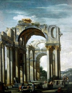 人物入り古典的遺跡のカプリッチョ（油彩・キャンバス） 作： Giovanni Ghisolfi