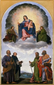 キリストの子供と栄光のマドンナ、二人の天使のミュージシャン、聖ペテロ、聖ドミニク、聖パウロ、聖ジェローム（ペサロ祭壇画） 作： Giovanni Girolamo Savoldo