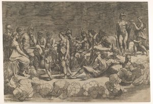 ロッジア・ディ・プシケ、ヴィラ・ファルネジーナ...、1527年の天井構成後の神々の組み立て。 作： Giovanni Jacopo Caraglio