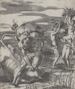 ヘラクレスは雄牛の形をした川の神アケロスを 3 人の女性と打ち負かしています。 1526-27。 作： Giovanni Jacopo Caraglio
