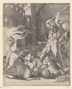 ケルベロスと戦うヘラクレス ヘラクレスとの情景 (シリーズタイトル) 作： Giovanni Jacopo Caraglio