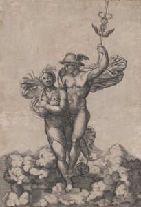 ラファエロがヴィラ ファルネスで作曲した後、プシュケをオリンポスに運ぶマーキュリー..., ca. 1520-39。 作： Giovanni Jacopo Caraglio