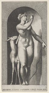 プレート 12: 壁龕に立つダイアナは、左にひねり、矢を引き抜いている。1526 年。 作： Giovanni Jacopo Caraglio