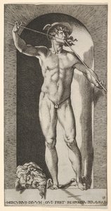 プレート14：マーキュリーがパイプを演奏するニッチに立っており、古いm ...の切断された頭で、1526年。 作： Giovanni Jacopo Caraglio