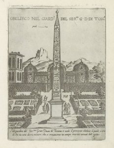 ローマのヴィラ メディチの庭にあるエジプトのオベリスク Obelisco nel giard.o del ser.mo G. D. Di Tosc.a (オブジェクトのタイトル) ローマの近代および古代のモニュメントと建造物 (シリーズ タイトル) オーナメンティ ディ ファブリックヘ アンチキ エ モダニ デラルマ チッタ ディ R 作： Giovanni Maggi