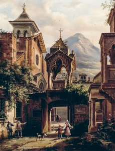 ジョヴァンニ・ミリアラ（1785-1837）作「人物のいる古い修道院の外観」（サイン：テオドリンダ・ミリアラ）、油彩・ボード 作： Giovanni Migliara