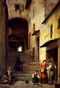 ジェノバのリヴィエラ、セストリ・レヴァンテの街路の眺め、1863年頃、ジョヴァンニ・モチ（1829-1893）作、油彩・キャンバス、40x30cm。 作： Giovanni Mochi