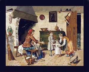 母親、2人の若い女の子、1人の幼児が最初の一歩を踏み出した、コテージのインテリアシーンを描いた絵のプレート、フィレンツェ、c.1900-10（ピエトラデュラ）