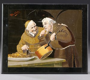 20世紀初頭、フィレンツェの黒い境界線内で食べ物をテストしている2人の僧侶を描いたプラーク（ピエトラデュラ）