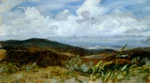 ジョヴァンニ・ムッツィオーリ（1854-1894）の「風景」、油彩、キャンバス、39x68cm 作： Giovanni Muzzioli