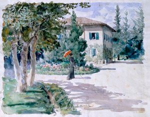 ジョヴァンニ・ムッツィオーリ（1854-1894）の赤い傘、水彩、薄紙、305x392mm 作： Giovanni Muzzioli