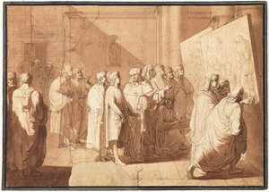 バルトロメオから、ラファエロはレオナルドとミケランジェロのカートンを見せます 作： Giovanni Paolo Lasinio