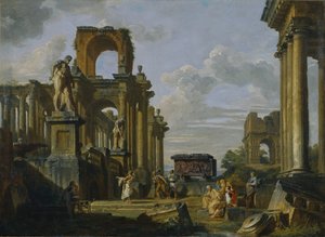 古代遺跡の中に哲学者と兵士がいるローマのフォーラムの建築カプリッチョ 作： Giovanni Paolo Pannini