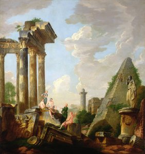 廃墟の前の説教使徒と建築カプリッチョ（キャンバスに油彩） 作： Giovanni Paolo Pannini