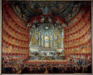 1747年7月15日、ルイ15世の息子であるドルフィン・ルイ・ド・フランス（1729-1765）とザクセンのマリー・ジョゼフとの結婚を記念して、ローマのアルジェンティーナ劇場で行われたコンサート。ジョヴァンニ・パオロ・パンニーニ（パニーニ）（1691-1765）の絵画 作： Giovanni Paolo Pannini