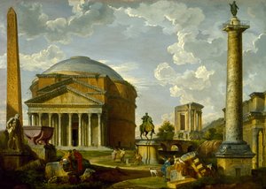 パンテオンやその他の古代ローマのモニュメントのあるファンタジービュー 作： Giovanni Paolo Pannini