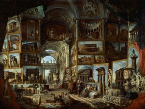 ジョヴァンニ・パオロ・パンニーニ（1691-1765）による1756年頃の古代ローマの想像上のギャラリー、油彩・キャンバス 作： Giovanni Paolo Pannini