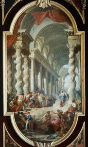 神殿で石を投げつけられたイエス」ジョヴァンニ・パオロ・パニーニ（1691-1765）作、絵画、スペイン、セゴビアのラ・グランハ宮殿。 作： Giovanni Paolo Pannini