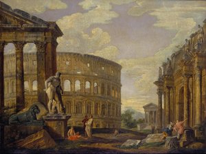 ヘラクレスと古代ローマの遺跡、パニーニ、ジョバンニパオロのある風景 作： Giovanni Paolo Pannini