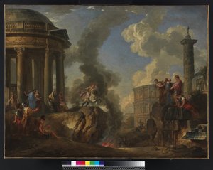 湾に飛び込むマーカスクルティウス、1730年頃 作： Giovanni Paolo Pannini