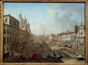 ローマのナヴォーナ広場（Piazza Navona, Rome）。絵画 ジョヴァンニ・パオロ・パンニーニ（パンニーニ）（1691-1765
