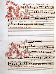 イタリアの作曲家、ジョヴァンニ・ピエルルイジ・ダ・パレストリーナ（1525 - 1594）の「マンチュアのメセナ」の手稿「マニフィカト」。