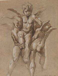 3 番目の Putti (reto) を運ぶ 2 つの Putti。 杖を持つ若者 (裏面) 作： Giovanni Pietro Possenti