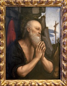 聖ジェロームの悔い改め。 ジョヴァンニ・ペドリーニ、ジョヴァン・ピエトロ・リッツィ、ジャンピエトリノ（1495年から1549年まで活動）として知られるジャン・ピエトロ・リッツォーリによる絵画、木に油彩、イタリア美術、レナード・デ・ヴィンチ（1452-1519）の側近、ルネッサンス。 美術館 d 作： Giovanni Pietro Rizzoli Giampietrino