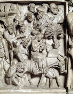 ジョヴァンニ・ピサーノ（1248-1314）が実現した椅子のレリーフの詳細。大理石製説教壇のレリーフの詳細、エジプトへの飛翔 1302-1311年 ピサ大聖堂（ピサのドゥオモ）、イタリア 作： Giovanni Pisano